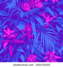 Seamless Ultraviolet Hawaiian tropical pattern with, palm leaves and flowers.