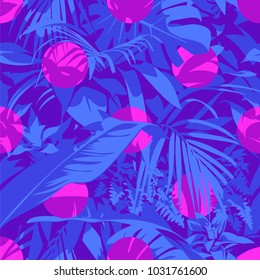Seamless Ultraviolet Hawaiian tropical pattern with, palm leaves and flowers.