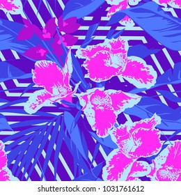 Seamless Ultraviolet Hawaiian tropical pattern with, palm leaves and flowers.