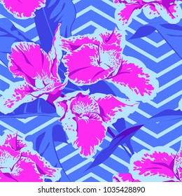 Seamless Ultraviolet Hawaiian tropical pattern with, palm leaves and flowers.