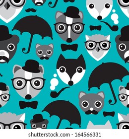 Seamless umbrella hipster owl skunk and fox illustration background pattern in vector