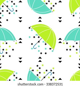 Seamless umbrella pattern with drops, stars and triangles. Vector geometric rainy background. 