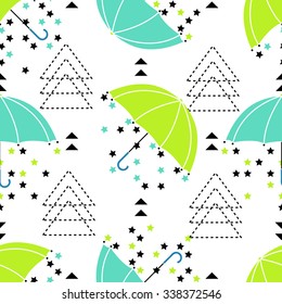Seamless umbrella pattern with drops, stars and triangles. Vector geometric rainy background. 