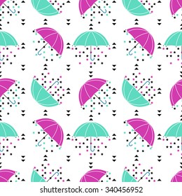 Seamless umbrella pattern with drops, stars and triangles. Vector geometric rainy background. 