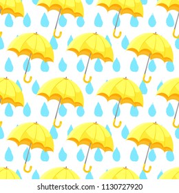 Seamless umbrella pattern with hand drawn raindrops. Cute Yellow umbrella flat style isolated on white background. Vector illustration EPS 10 file.