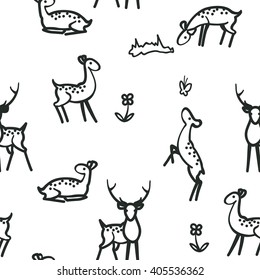 Seamless uncolored background with deer on white