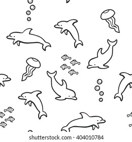Seamless uncolored background with dolphins on white