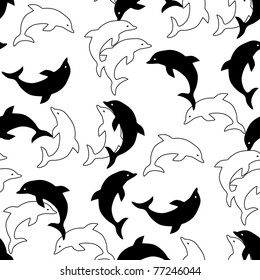 Seamless uncolored background with dolphins on white