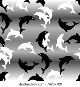 Seamless uncolored background with dolphins in water