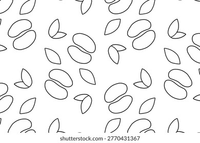 Seamless Uncolored Coffee Bean Pattern with Green Leaves, Hand Drawn Coffee Minimalist Food Background