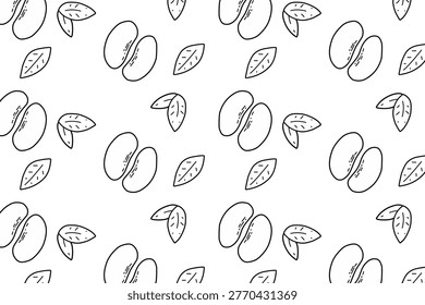 Seamless Uncolored Coffee Bean Pattern with Green Leaves, Hand Drawn Coffee Minimalist Food Background