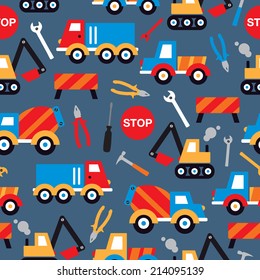 Seamless under construction crane trucks digger and tools illustration kids background pattern in vector