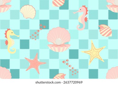 Seamless Under the Sea Design with Seashell Seahorse Starfish and fish on Checkered Wave Pattern. Summer Background. Underwater Baby Pattern. Marine Life Seamless Background. Oceanic Element Design.