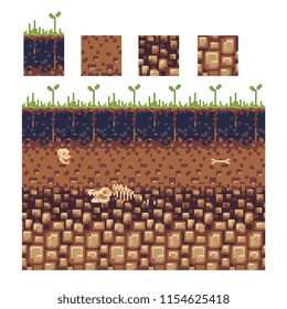 Seamless underground soil layers with green grass on top. The stratum of organic, minerals, sand, clay, parent rock. Pixel art vector illustration.