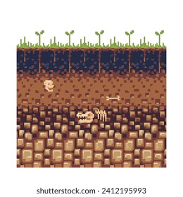 Seamless underground soil layers with green grass on top, fossils animal bones. The stratum of organic, minerals, sand, clay, parent rock. Pixel art vector illustration.