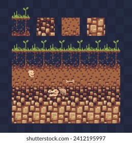 Seamless underground soil layers with green grass on top. The stratum of organic, minerals, sand, clay, parent rock. Pixel art vector illustration.
