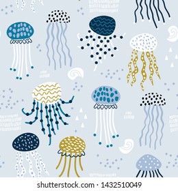 Seamless undersea pattern with abstract jellyfishes. Creative modern childrens background. Perfect for kids apparel Vector Illustration