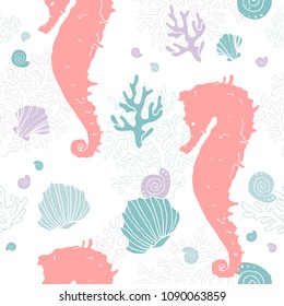 Seamless undersea pattern with beautiful hand drawn sea horses, shells and corals on light background. Aquatic background for swimming, sea trips,aquarium. Drawing pattern for textile or wallpaper