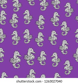 Seamless with underwater animals: seahorse. Illustration on white, black and violet colors. Vector. Repeated texture with cartoon characters. Perfect Feminine. Animals Pattern. Hand-drawn illustration