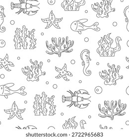 Nahtloses Unterwasser-Wasserkonturmuster. Umrissene Fische, Seesterne, Seepferdchen und Krabben auf marinem Hintergrund. Ozean-Doodle-Stil mit Wasserkreaturen und Korallenriffelementen. Perfekt für Unterwasser