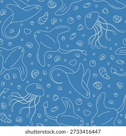Padrão aquático subaquático sem costura com criaturas marinhas. Fundo com tema de oceano com águas-vivas, moluscos e peixes em estilo de contorno. Doodle design captura vida marinha em um ambiente aquático abstrato