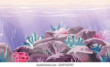 Seamless Underwater background. Ocean floor with stones, corals, algae, and shellfish. Vector illustration