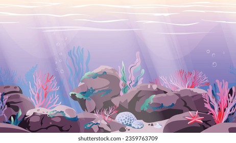 Seamless Underwater background. Ocean floor with stones, corals, algae, and shellfish. Vector illustration