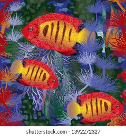 Seamless underwater background with tropical fish, vector illustration