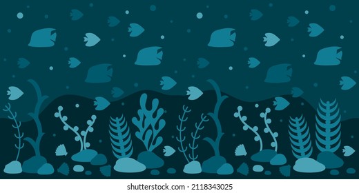 Seamless underwater border, tropical fishes, corals and seaweed. Undersea fauna, sea world. Vector flat art illustration.