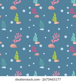 Padrão de Natal subaquático sem costura com corais, algas, bolhas e elementos festivos de férias do mar de inverno em cores pastel na ilustração do vetor de fundo azul