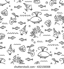 seamless underwater fish and animals cute seamless pattern black and white vector