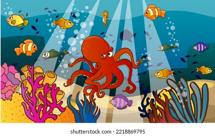 Seamless underwater landscape in cartoon style. Vector illustration