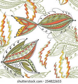 Seamless underwater life pattern. Hand drawn fish and seaweed. No gradients and clipping mask. 