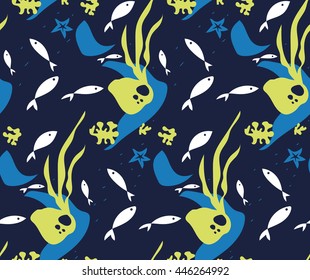 Seamless underwater life pattern. Navy blue pattern with fishes and underwater vegetation. Original sea background.