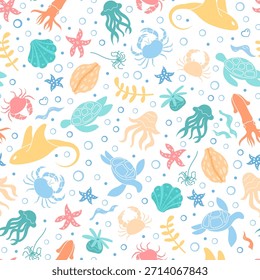 Seamless underwater marine cartoon pattern. Vibrant ocean design with aquatic life including fish, turtles, and reef creatures. Doodle style with colorful sea and marine elements.