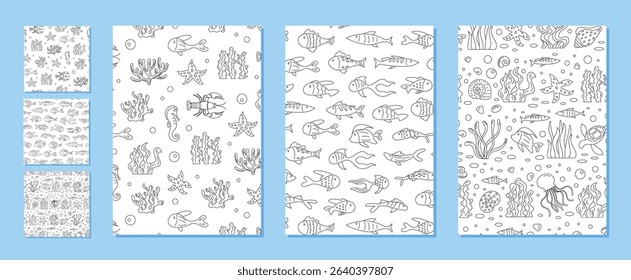 Seamless underwater marine pattern set in outline style. Includes fish, coral, and sea elements, arranged in a cartoon background. This aquatic texture highlights marine life and is perfect for