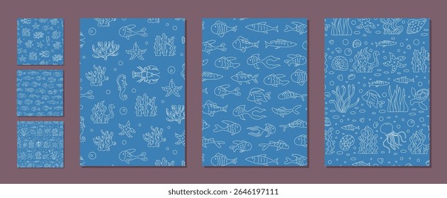 Seamless underwater marine pattern set. Outline design with aquatic fish, coral, and sea shapes. Ocean background, marine life silhouettes. Perfect for aquatic themes and ocean layouts.