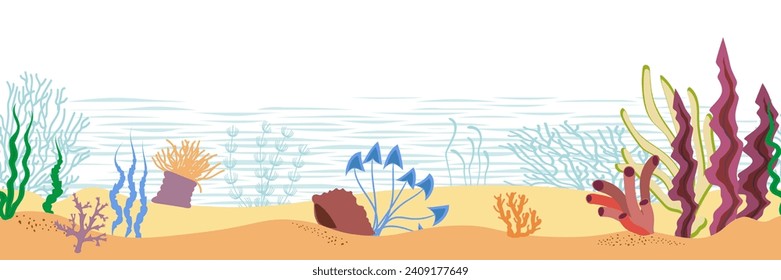 Seamless underwater panorama on white background. Vector illustration.