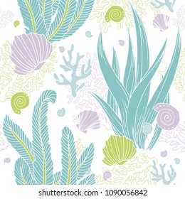 Seamless underwater pattern with beautiful hand drawn sea weeds shells and corals on white background. Marine background for diving, sea trips, wildlife. Design for textile print or wallpaper.