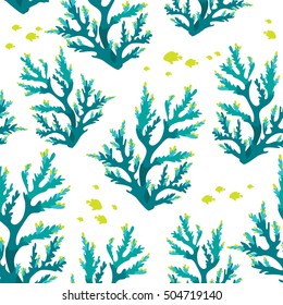 Seamless underwater pattern with blue corals and fish. Vector sea life wallpaper.