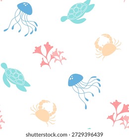 Seamless underwater pattern in cartoon graphic style. Marine creatures like turtles, jellyfish, and crabs create an aquatic ocean theme. This clean background highlights marine life with flat