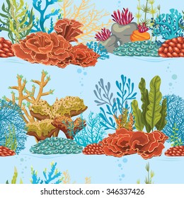Seamless underwater pattern with coral reef and algae. Natural vector colorful wallpaper.