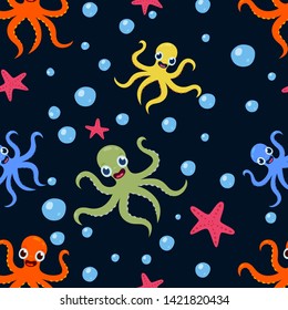 Seamless underwater pattern with cute octopuses. Vector cartoon illustration