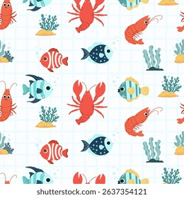 Seamless underwater Pattern. Cute tropical fish Crayfish, Shrimp and Sea Plants and algae on checkered white Background. Vector Illustration. Kids collection
