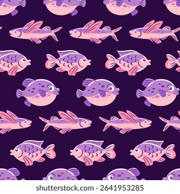 Seamless underwater pattern featuring pufferfish and flying fish in vibrant colors, perfect for textiles, wallpapers, and aquatic-themed designs.