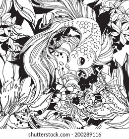 Seamless underwater pattern with goldfish black and white