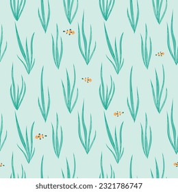 Seamless underwater pattern with long algae and clown fish, marine life, ocean flora and fauna for decoration, paper, background, wallpaper