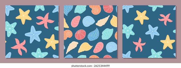Padrão submarino contínuo com elementos de estilo marinho definidos. Fundo aquático com estrela-do-mar de desenho animado e conchas em um design plano. Perfeito para cenários de verão e visuais de oceano.