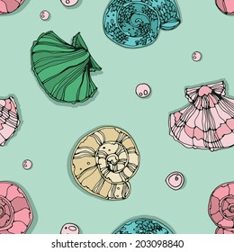 Seamless underwater pattern with multicolored shells