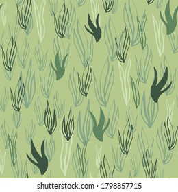 Seamless underwater pattern with outline silhouettes. Olive and green color tones ocean ornament. Decorative backdrop for wallpaper, textile, wrapping paper, fabric print. Vector illustration.